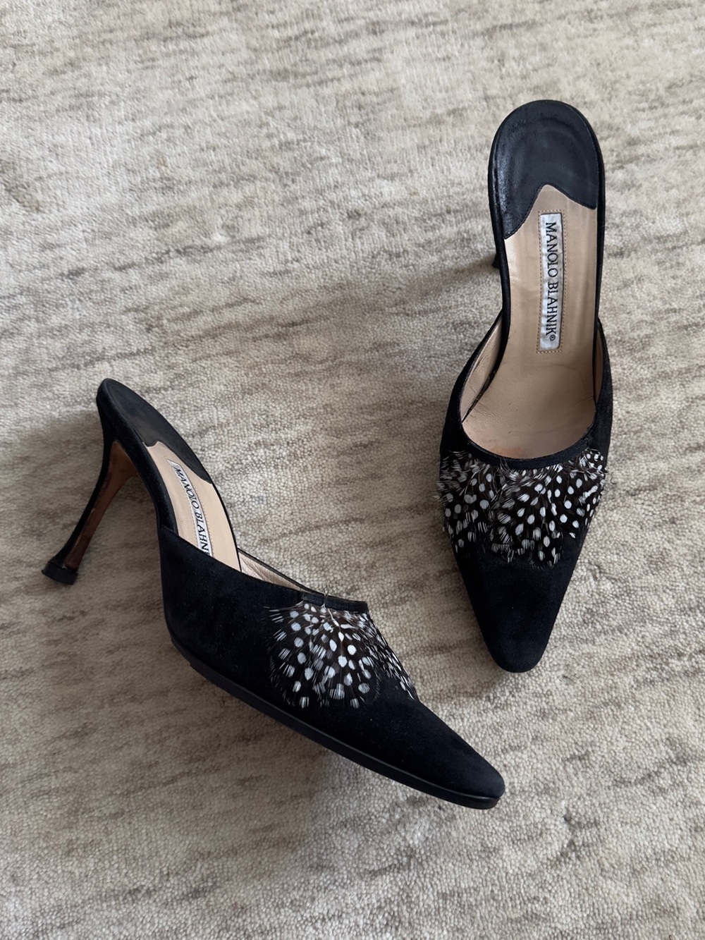 Vintage Manolo Blahnik suede heels with feather accents